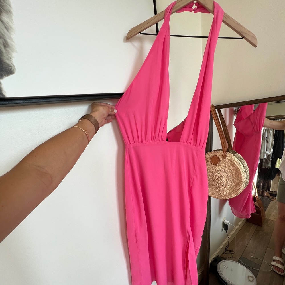 Pink Cross Neck Midi Dress - M